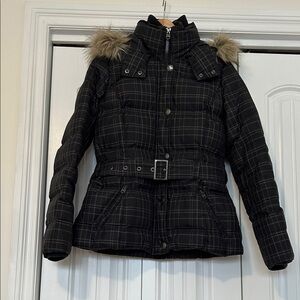 Esprit Black Plaid Puffer Jacket with Fur Trim